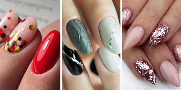 Almond-shaped nails. Fashion trends in design 2020, photo: pale, French, nude, ombre, with sparkles, rhinestones, rub