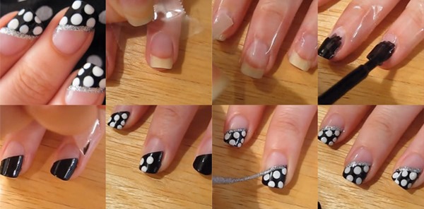 Unghie in bianco e nero: design francese, ombre, sfumatura, con strass, brodi, argento, oro. Novità di manicure. Una foto