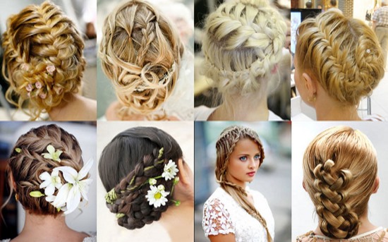 Acconciature con trecce per capelli medi, lunghi. Francese, greca, treccia sul lato, intorno alla testa, con frangia, per un matrimonio