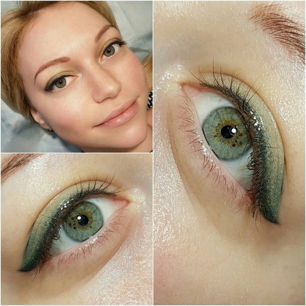 Permanent make-up shadows on the eyelids. Photo, as is done for the lower, upper eyelids, with shading, Smoky eyes effect, classic arrow