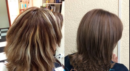 Hair tinting on dark hair after lightening, highlighting. Photo how to do it at home