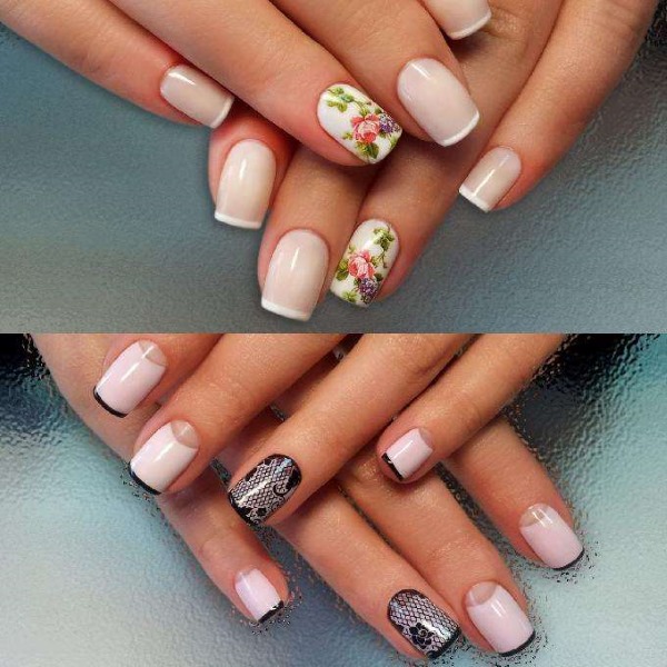 French manicure con smalto gel. Foto con motivo 2020, tendenze della moda. Come fare su unghie corte e lunghe