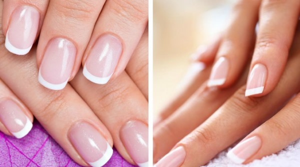 French manicure con smalto gel. Foto con motivo 2020, tendenze della moda. Come fare su unghie corte e lunghe