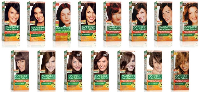 Garnier hair dye. The color palette is Color Naturals, Sensation, Oliya (Olia), Calor and Shine. Features of selection and coloring. A photo