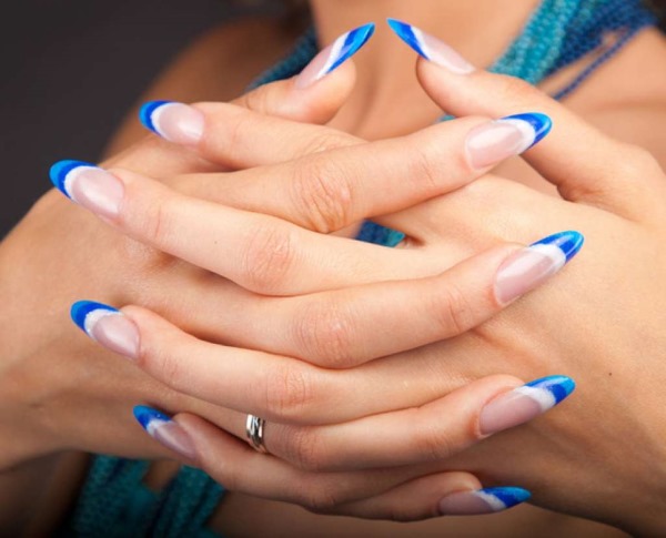 Blue jacket on the nails. Photo of new manicure with a pattern, rhinestones, sparkles, design ideas for spring, winter and summer