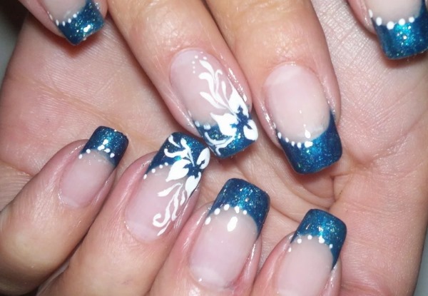 Blue jacket on the nails. Photo of new manicure with a pattern, rhinestones, sparkles, design ideas for spring, winter and summer