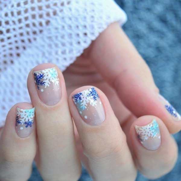 Blue jacket on the nails. Photo of new manicure with a pattern, rhinestones, sparkles, design ideas for spring, winter and summer