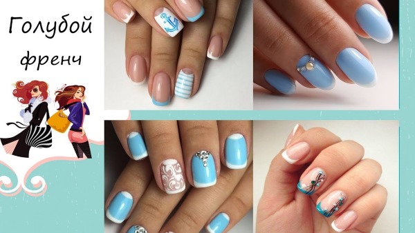 Blue jacket on the nails. Photo of new manicure with a pattern, rhinestones, sparkles, design ideas for spring, winter and summer