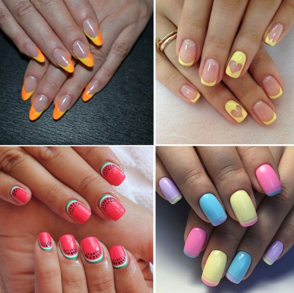 Tendenze moda manicure estate 2020. Una foto. Luminoso, delicato, francese, marino, con scintillii, strass, sfregamento