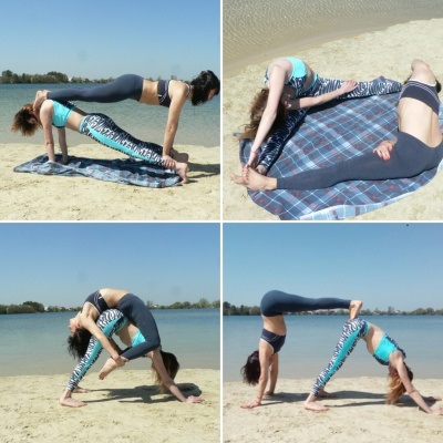 Yoga challenge for two, one, three. Photo poses for beginners, children. Video