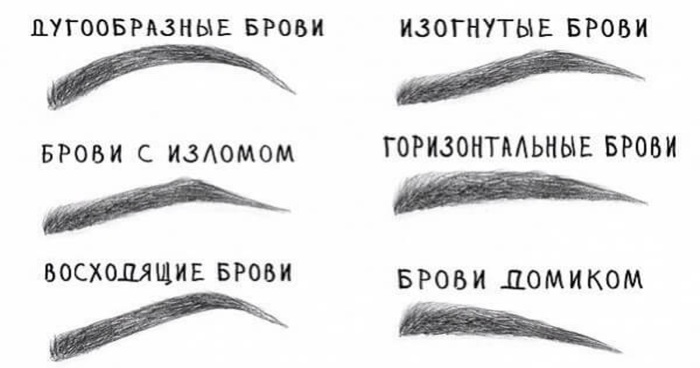 Eyebrow shape by face type. Photos are straight, rounded, ascending, descending, thin, small. Makeup tips and tutorials