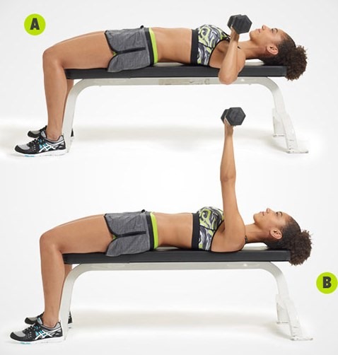 Dumbbell exercise program. Basic on chest, shoulders, biceps, back, triceps, effective strength. The best complex for girls