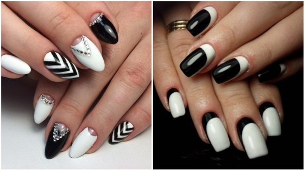 Manicure with black and white varnish for short and long nails. Photos, designs