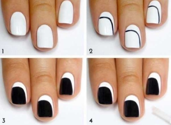 Manicure with black and white varnish for short and long nails. Photos, designs