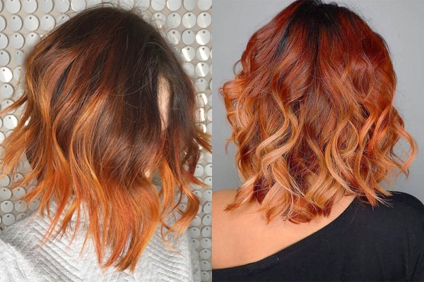 Red ombre for dark bob hair, medium length, long. Photo, staining instruction