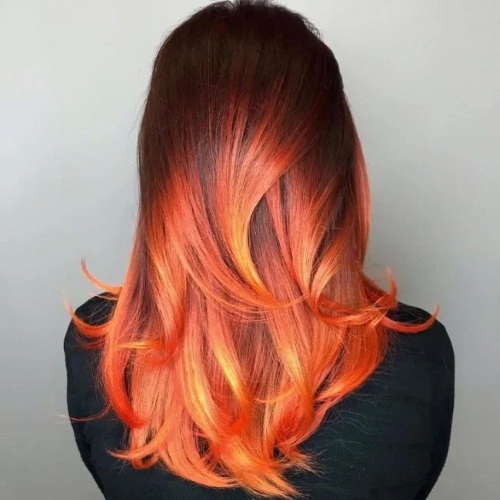 Red ombre for dark bob hair, medium length, long. Photo, staining instruction