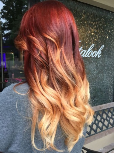 Red ombre for dark bob hair, medium length, long. Photo, staining instruction