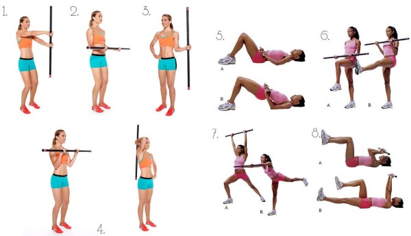 Bodybar exercises for women for buttocks and hips, spine, arms, back. How to do