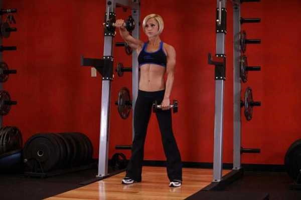 Hand exercises in the gym for girls with and without dumbbells, on the horizontal bar, simulators