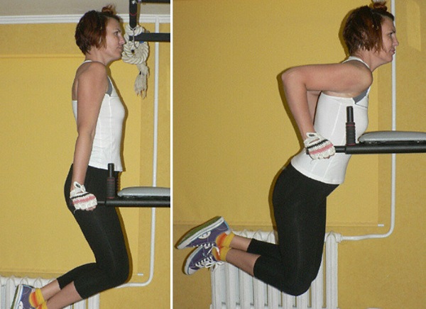 Hand exercises in the gym for girls with and without dumbbells, on the horizontal bar, simulators