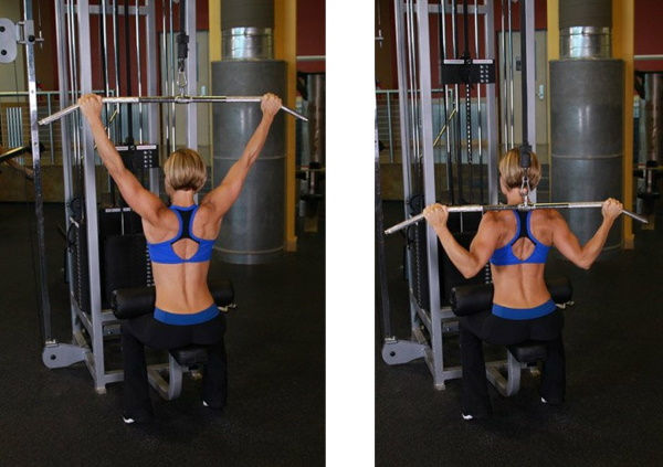 Exercise machine vertical pull. Technique for sitting, on the back, behind the head, with a narrow grip for women