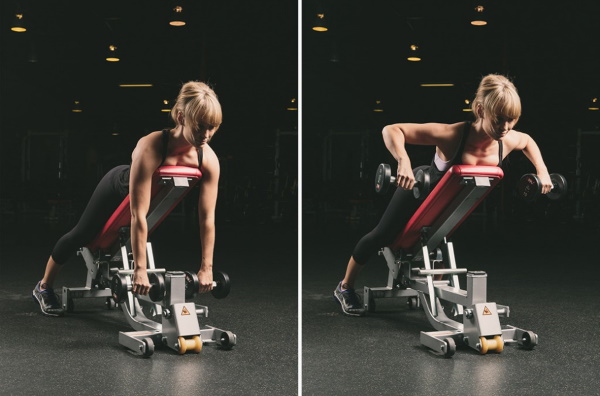 Row of dumbbells in an incline to the belt. What muscles work, exercise technique. Video