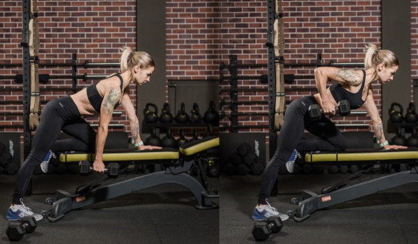 Row of dumbbells in an incline to the belt. What muscles work, exercise technique. Video