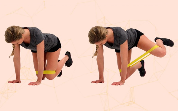 Exercises with an elastic band for the legs and buttocks to a woman sitting on a chair, standing, lying and others