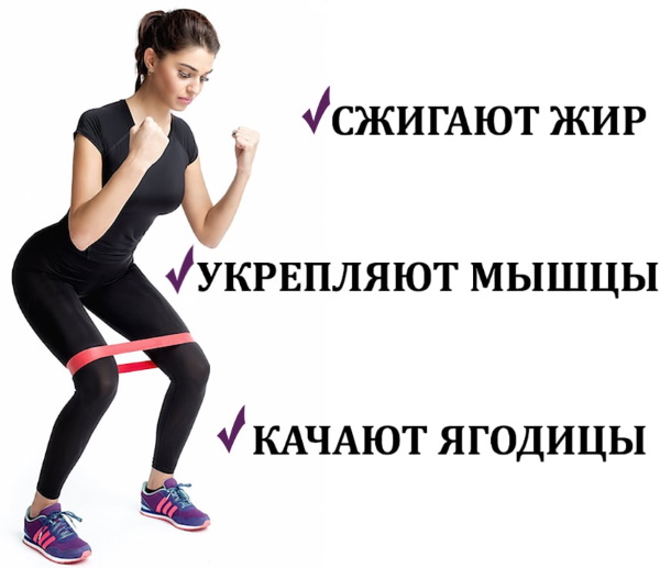 Exercises with an elastic band for the legs and buttocks to a woman sitting on a chair, standing, lying and others