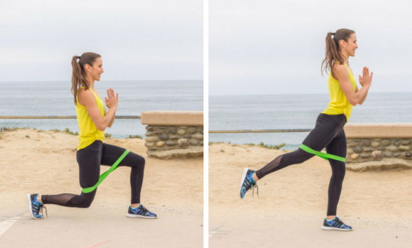 Exercises with an elastic band for the legs and buttocks to a woman sitting on a chair, standing, lying and others