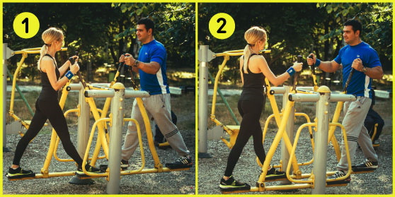 Outdoor sports exercise equipment on the grounds. How to do it correctly, elliptical, power, stepping