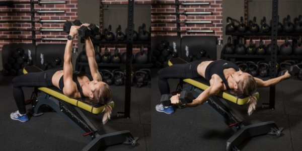 Riding dumbbells in an incline while standing, sitting, lying on a bench, down, forward to the back delta, shoulders, back