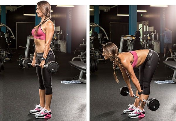 Row of the bar in an incline to the belt. Technique for girls with a reverse, wide, narrow grip, which muscles work