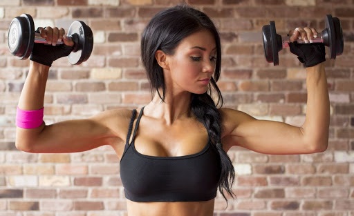 Exercises for the front shoulder delta for girls with isolation, kettlebell, dumbbells. Complex