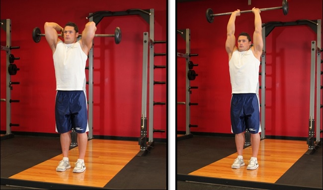 French bench press with a barbell, dumbbells, standing, sitting. Execution technique