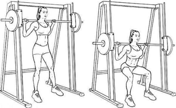 Smith squat for girls. Technique of execution on the buttocks, knees, one leg, quadriceps, frontal with a narrow, wide stance