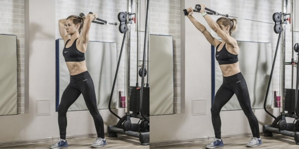 Crossover Triceps Extension. Technique with a rope, straight handle, one pigtail, two hands