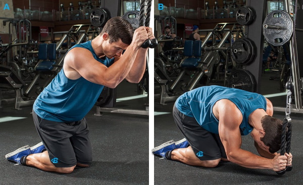 Crossover Triceps Extension. Technique with a rope, straight handle, one pigtail, two hands