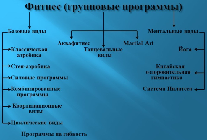 Types of workouts in fitness, names of group, strength, circuit and others