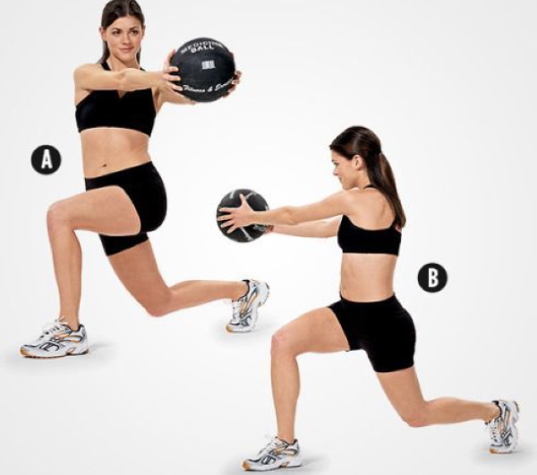 Lunges on each leg.As it is, technique with dumbbells, jumping up, weights for girls. A photo