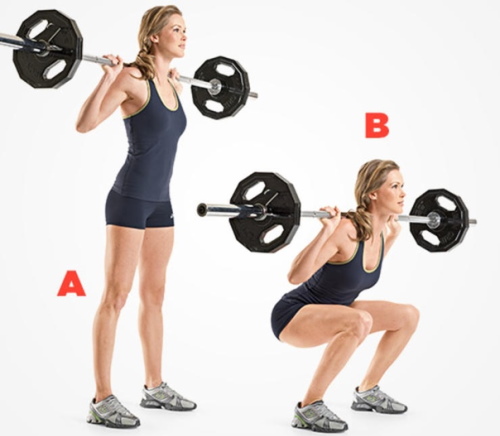 Leg exercises with a barbell at home, in a gym for girls