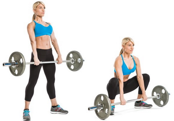 Leg exercises with a barbell at home, in a gym for girls